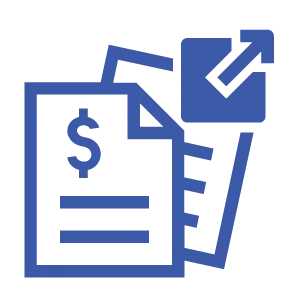 A blue icon of a spreadsheet or document with a dollar sign on it, featuring an arrow pointing outward to represent the exporting of financial data.