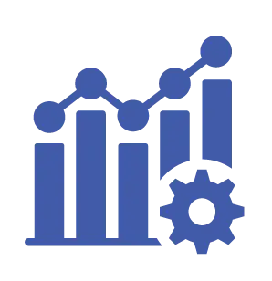 A blue line-art icon featuring three vertical bars of varying heights, a rising line graph with nodes, and a mechanical gear in the bottom right corner.