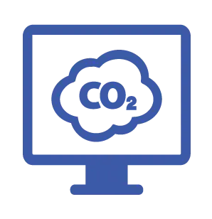 A blue line-art icon of a desktop computer screen featuring a carbon dioxide (CO2) cloud symbol, representing an emissions monitoring dashboard.