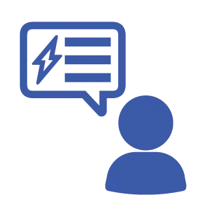 A blue line-art icon showing a person silhouette and a speech bubble with a lightning bolt inside, representing energy-related support or consulting.