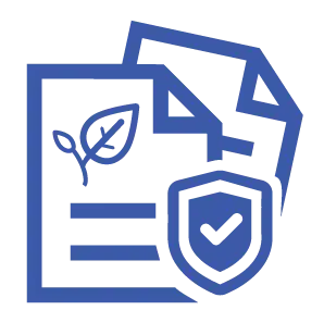 For the Enpira Sustainability Plan Tracking icon you're editing, here are a few alt text options: Concise: Blue icon of stacked documents featuring a leaf symbol and a verified shield. Descriptive: A blue line-art icon showing two overlapping document pages; the front page has a leaf logo and a shield with a checkmark, representing tracked and verified sustainability plans.
