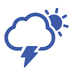 A blue line-art icon depicting a weather scene with a large cloud, a lightning bolt, and a sun, representing weatherization and environmental protection.